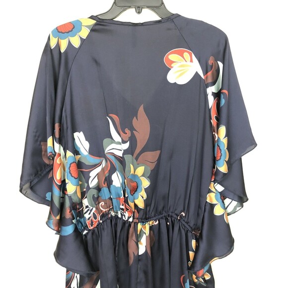Colorful Floral Top Oversize S Butterfly Short Sleeve Navy Satin Blouson Slouchy - Picture 6 of 12